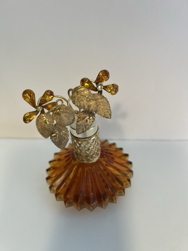 Vintage Germany Fuger? Cut Amber Glass Perfume Bottle Flower Gems Gold Gilt Top - Picture 2 of 10