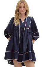 Entro Mini Dress Women’s Small Black Rainbow Oversized Tiered Pockets Boho Tie