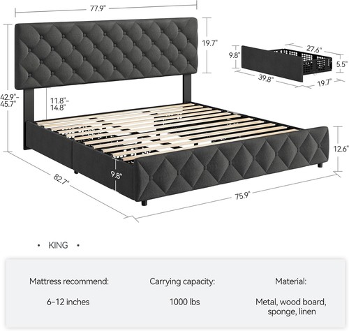 Full Size Bed Frame with 4 Storage Drawers, with Upholstered Platform Bed Frame - Picture 6 of 19