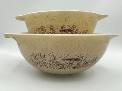 2 Vintage Pyrex Forest Fancies 442 and 443 Mushroom Cinderella Nesting Bowls