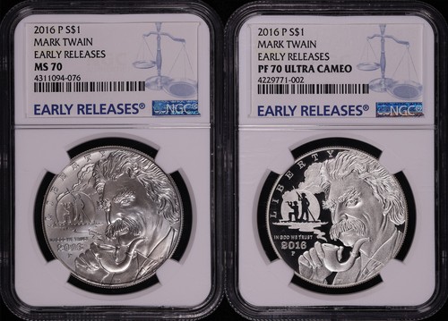 2016-P Mark Twain S$1 Commemorative Set NGC MS-70 & PF-70 UC Early Release
