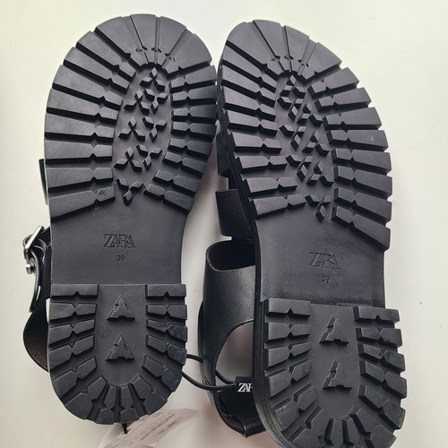 Zara Womens 39/ US 8 Black Leather Cage Strappy Ankle Strap Chunky Sandal - Picture 6 of 8