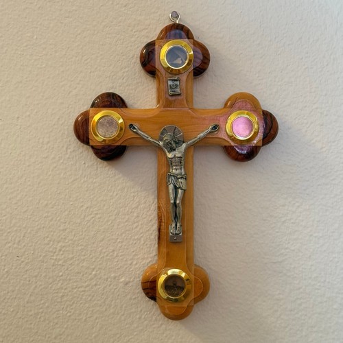 Jerusalem Wooden Crucifix Four Souvenirs from Holy Land in Glass 14 Stations