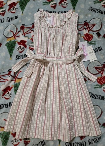NEW Bonnie Jean Girls Size 7 "PINK GREEN IVORY STRIPE" Smocked Tie Waist Dress - Picture 2 of 7