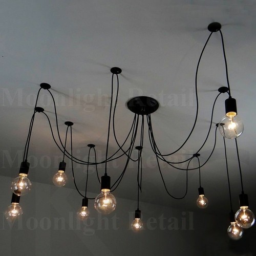 6 8 10 Fabric Cord Arm Spider Light Chandelier Suspension Ceiling Pendant Black - Afbeelding 1 van 14