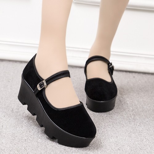 Womens Platform Shoes Old Beijing Cloth Mid Heels Work Pumps Buckle Wedge Chic - Picture 1 of 6