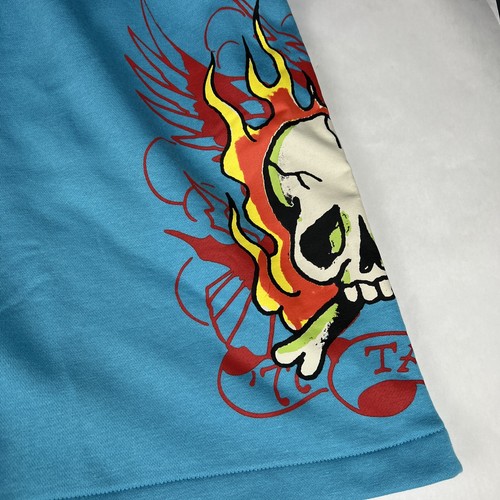 Ed Hardy Graphic Fire Skull Tattoo Fleece Sweat Shorts, Blue/Black, Sz Large - Picture 3 of 12