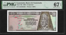 Guatemala 1/2 Quetzal 1992 PMG 67 EPQ UNC  P#72b Water Mark: Tecun Uman