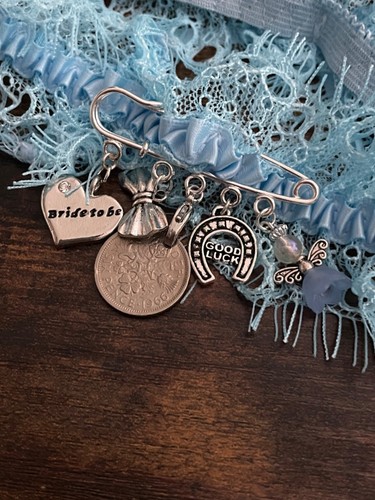 Bride To Be Something Old New Borrowed Blue Garter Bouquet Pin Charm Angel Boxed - Picture 7 of 10