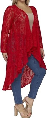 646 - Sheer Lace Long Sleeve Open Front Asymmetric Hem Hi Low Duster Cardigan - Picture 7 of 32