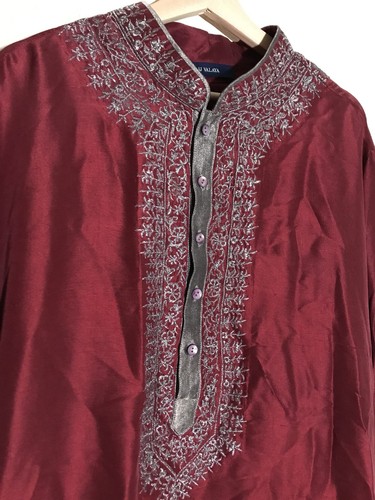 Famous Indian Fashion Designer JJ VALAYA Maroon Embroidered silk mens Kurta Set - Picture 2 of 12