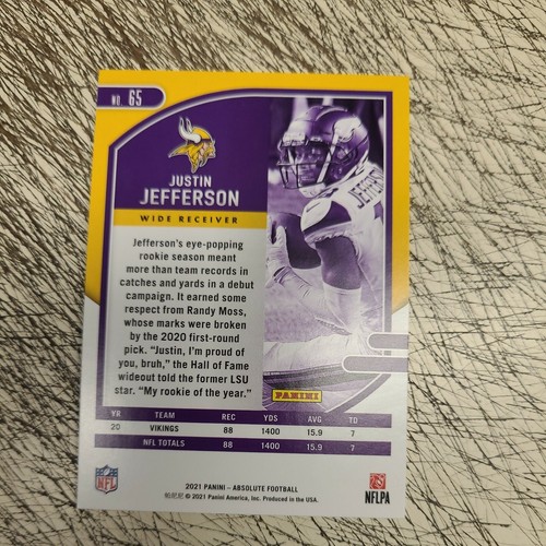 Justin Jefferson 2021 Panini Absolute Football Base Minnesota Vikings NFL #65 - Picture 2 of 2