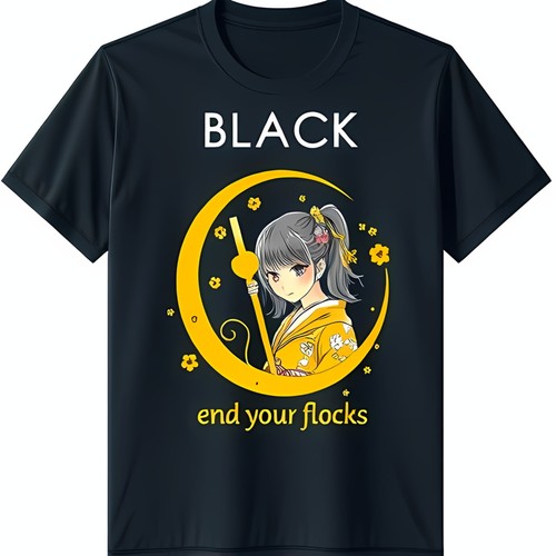 Black T-Shirt with Yellow Graphic & Anime Girl Design-- - Picture 7 of 11