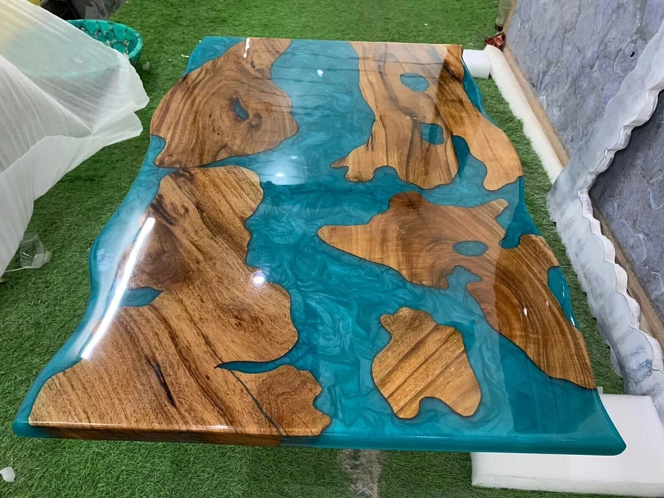 Luxury Epoxy Table Top Handmade Live Edge Blue River Resin Counter Top Slab Deco - Image 3 of 4