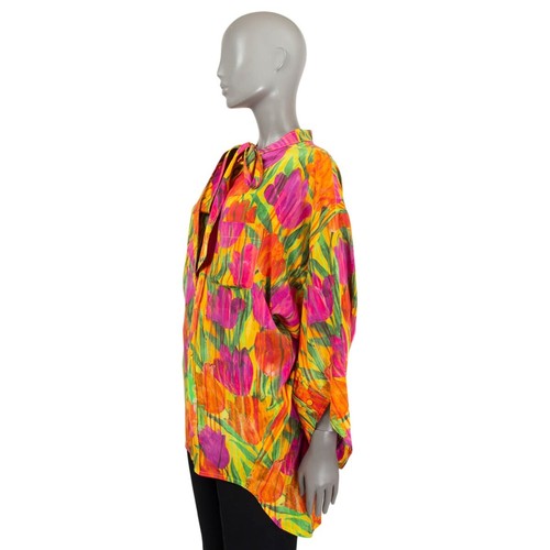 66550 auth BALENCIAGA silk 2021 TULIP PRINT PUSSY BOW Blouse Shirt 34 XXS - Picture 2 of 6