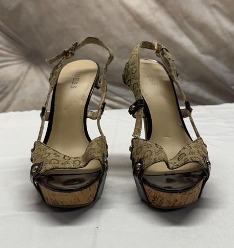 GUESS Monograma Corcho Plataforma Tacones Altos Logo Firma Talla 8.5 - Imagen 3 de 6