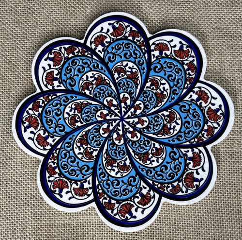 Turkish Patterned Flower Stoneware Trivet Red White Blue Folk Art Cottage Core - Picture 1 of 5