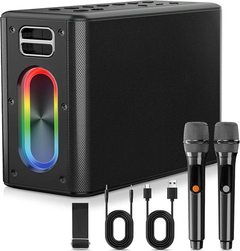 Karaoke Machine with Two Wireless Microphones, Powerful Portable Bluetooth Speak