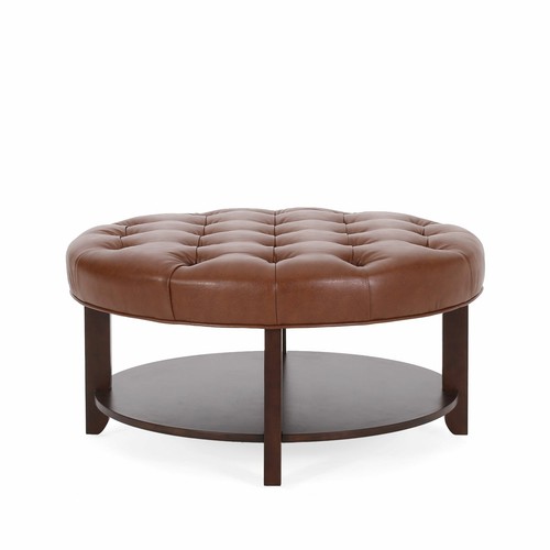 Baynes Contemporary Faux Leather Tufted Wood Round Ottoman with Open Shelf - Picture 5 of 36