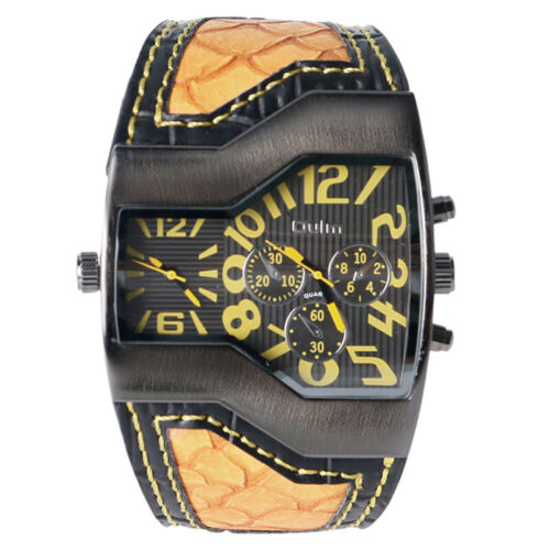 Oulm Men's Sports Military Dual Time Zone Dial Yellow Leather Quartz Wrist Watch - Picture 2 of 10