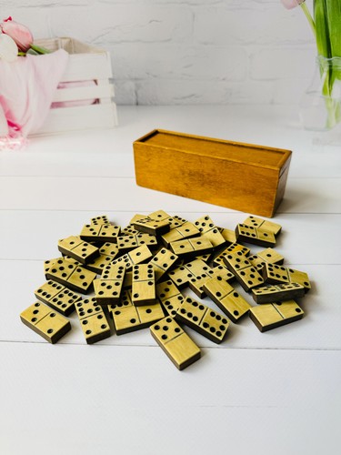 Vintage Dominospiel aus Holz mit 45 Spielsteinen, altes Brettspiel, antikes Domino Set - Bild 2 von 10