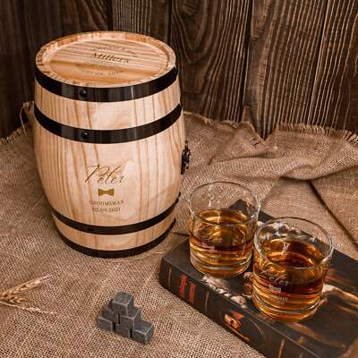 Personalised Set of 2 Sleek Round Whiskey Glasses & 6 Ice Stones in Wooden Barre