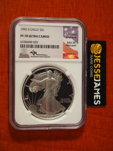 1992 S PROOF SILVER EAGLE NGC PF70 ULTRA CAMEO JOHN MERCANTI SIGNED FLAG LABEL