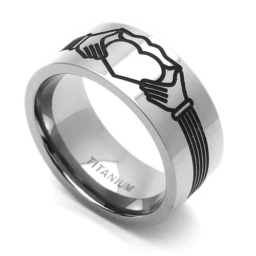 Men 9MM Comfort Fit Titanium Wedding Band Claddagh Design Flat Ring - Picture 4 of 4