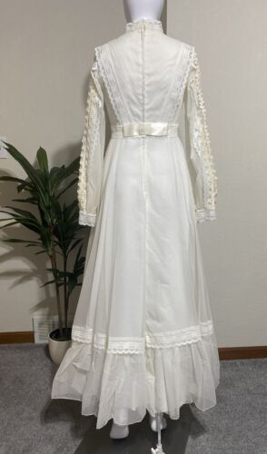 De Colección Años 60 Marfil Punto Suizo Boho Bishop Mangas Cuello Alto Vestido de Boda Encaje Velo XS - Imagen 6 de 24