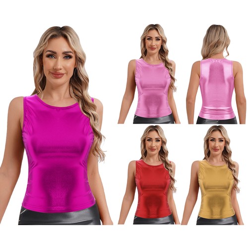 Womens Metallic Tops Shiny Holographic Tank Tops Crop Vest Yoga Dance Outfits - Bild 3 von 43