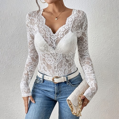 Women Sexy Lace Floral Tops Ladies See-Through Mesh Sheer Slim T-Shirt Blouse - Picture 9 of 28
