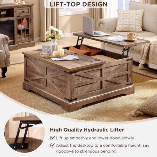 Farmhouse Lift Top Coffee Table with Storage – Rustic Wood, Light Brown - Picture 3 of 7