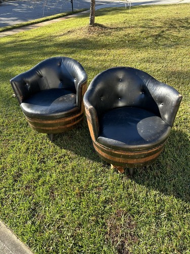 Vintage MCM Oak Barrel Barrel Leather Chairs Set Of 2 Black Brown Bar Man Cave