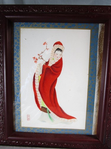 Vintage japanisches geschichtetes Papier Schneiden Kunst gerahmt Paar orientalische Frauen - Bild 2 von 6