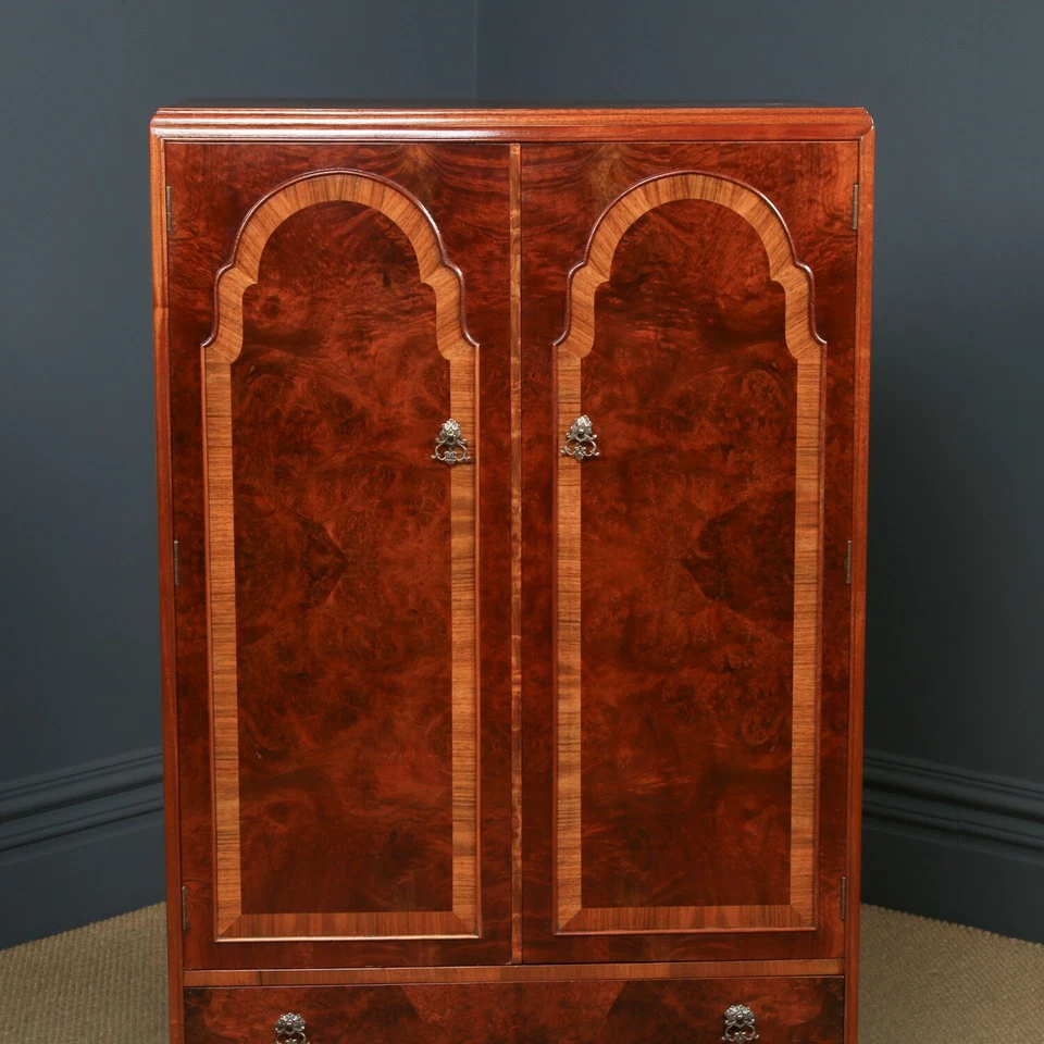 Antique Queen Anne Style Burr Walnut Small Wardrobe Armoire Tallboy (c. 1935) - Image 3 of 4