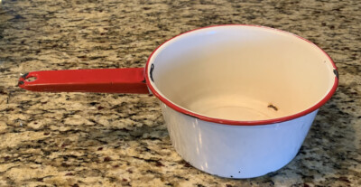 Red and White Enamel Ware Saucepan Vintage Kitchen Decor