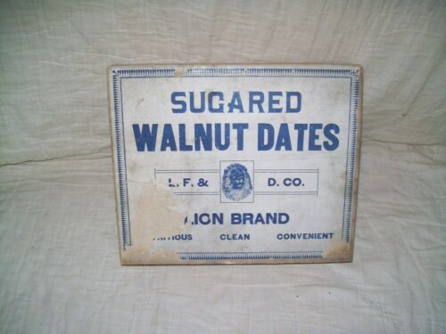 Antique Old Wooden Lion Brand Sugared Walnut Date Country Store Advertising Box - Picture 4 of 7