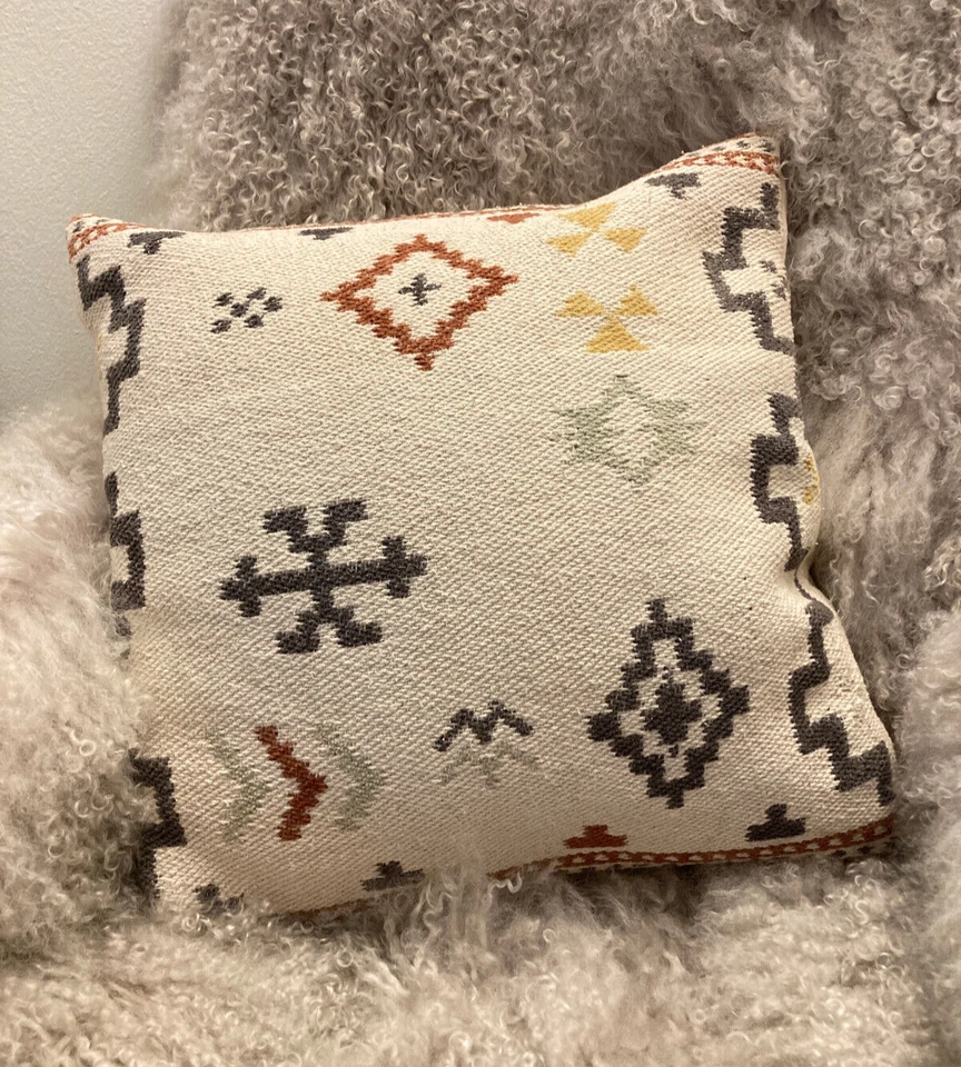 Indian Woven Needlepoint Cotton Throw Pillow 18" x 18" Home Decor Cushion Pillow - Image 2 of 4