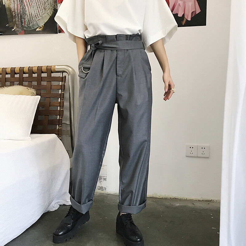 New Mens High Waist Straight Wide-leg Pants Pleated Belted Loose Casual Trousers