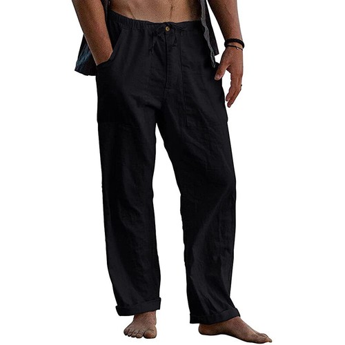 Mens Beach Loose Cotton Linen Long Trousers Drawstring Elasticated Summer @ .J - Picture 5 of 15