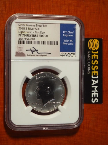 2018 S 50C REVERSE PROOF SILVER KENNEDY HALF NGC PF70 LIGHT FINISH FDI MERCANTI
