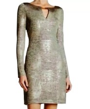 Vince Camuto Dress Gold Grey Metallic 4 Mini Length Long Sleeves Keyhole NYE