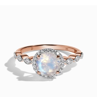 Moon Magic Soulmate Round Cut 14K Rose Gold Moonstone Ring Earth Diamond  Size