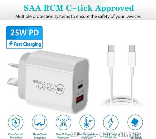 PD 25W DUAL USB-C Fast Wall Charger Power Adapter + Cable For iPhone 14 Pro Max - Picture 2 of 16