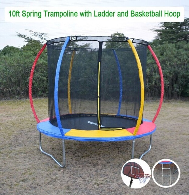 10ft Rainbow Mini Trampoline & Enclosure Ladder Basketball Hoop Set 10ft Rainbow Mini Trampoline & Enclosure Ladder Basketball Hoop Set
