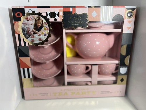 FAO Schwarz Keramik Teeset - ROSA Farbe mit kleinen WEISSEN Punkten - 9 Stück NEU im BOX