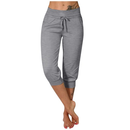 Summer Women's Casual Solid Pants Elastic Waist Cropped Pants Sports Trousers - Picture 29 of 41