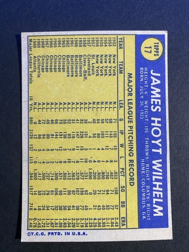 1970 Topps Baseball Hoyt Wilhelm Atlanta Braves Card # 17 Hall of Famer - Picture 2 of 2