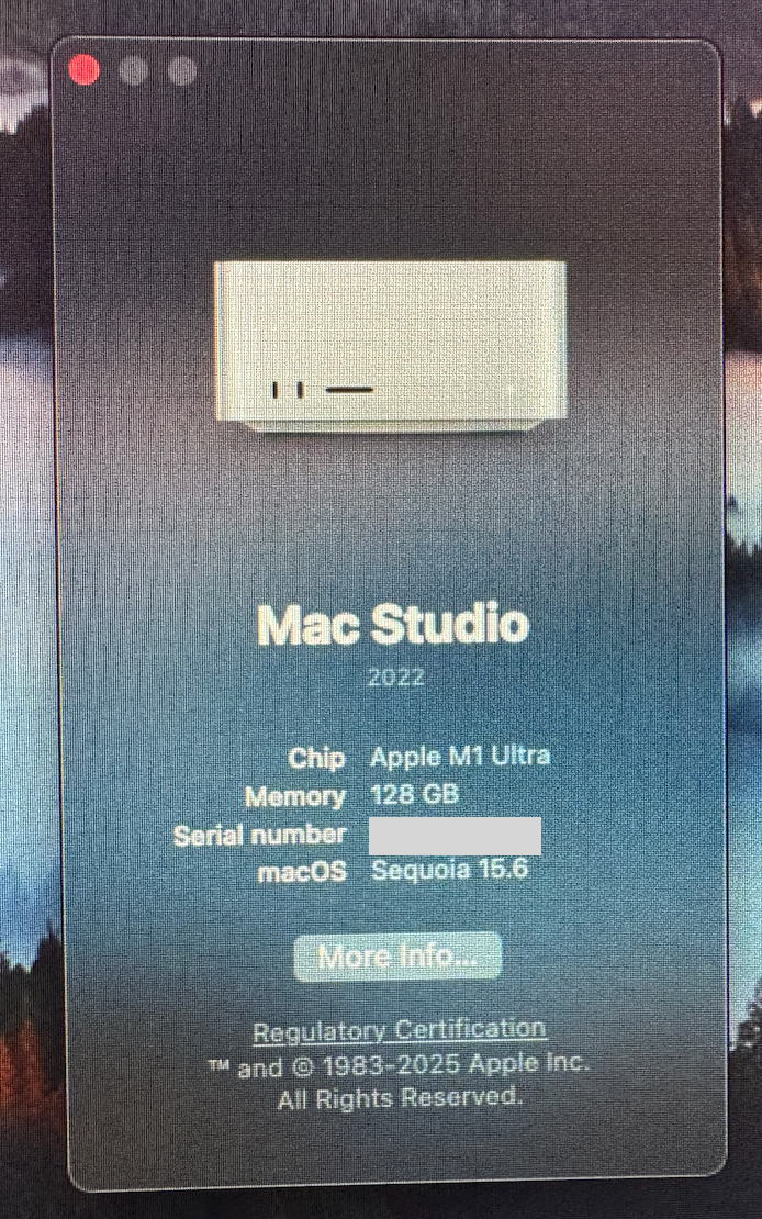 Mac Studio 2022 M1 Ultra 20-Core CPU 64-Core GPU 128GB 8TB