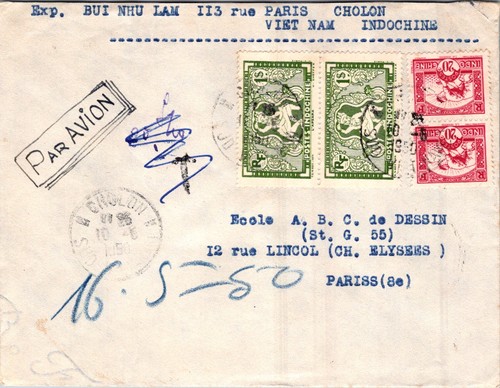 FRANCE 1950 VIETNAM POSTAL AIRMAIL COVER MULT FRANKED ADDR FRANCE & POSTMARK - Picture 1 of 2